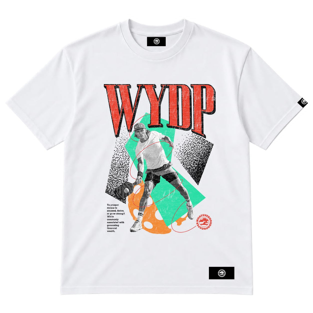 A white short-sleeve crewneck t-shirt featuring a bold graphic print on the front. The design displays the text 'WYDP' in distressed red letters above a stylized illustration of a basketball player, set against a teal and orange geometric background with black textured blocks.