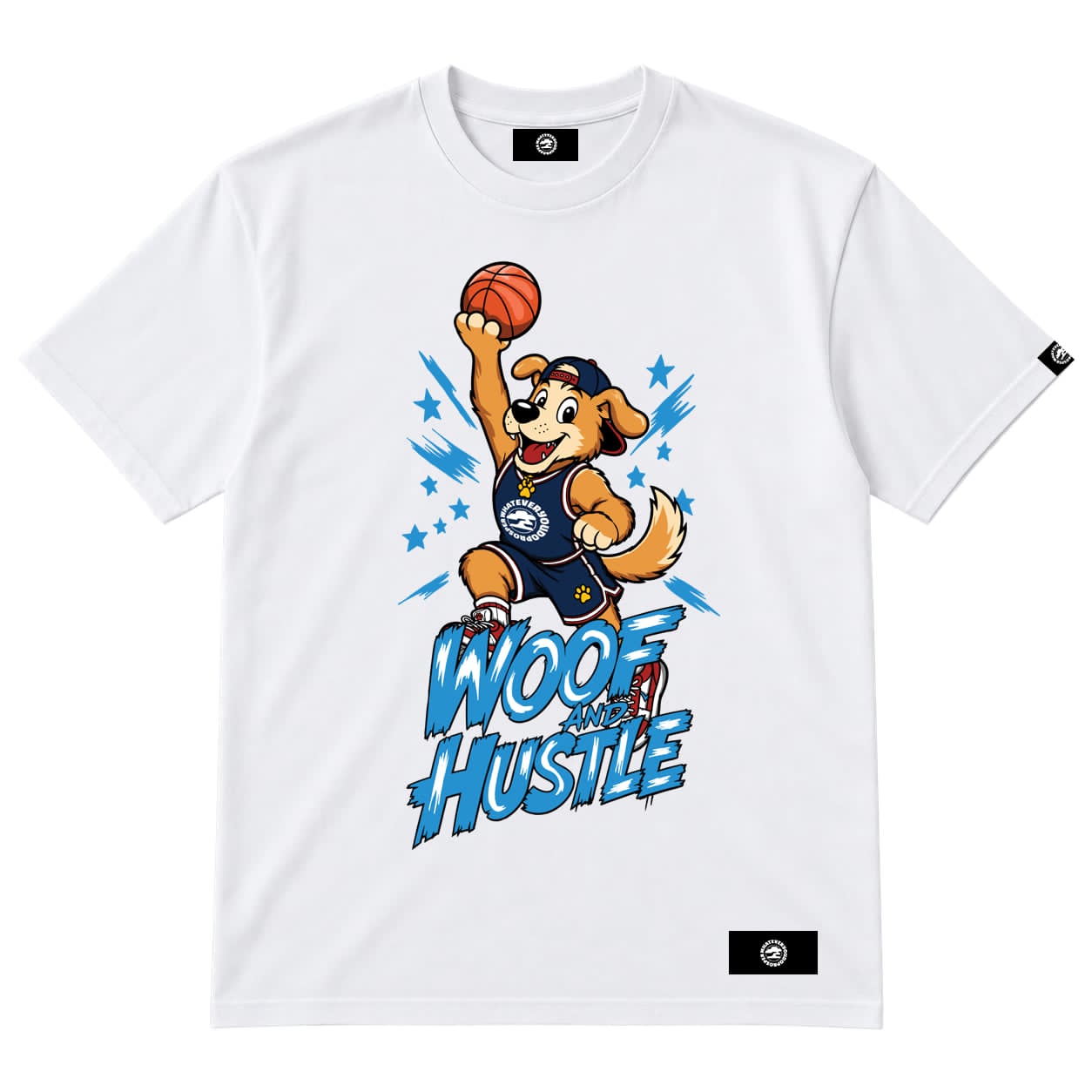 Woof and Hustle T-Shirt for Men | Funny Basketball Dog Graphic Tee | White Streetwear Shirt | Dog Lover Gift