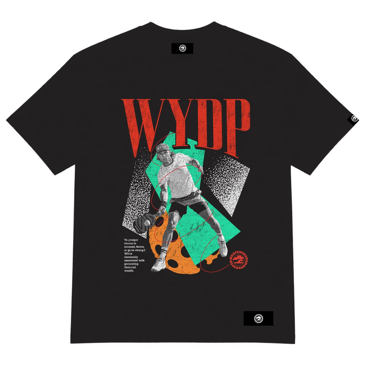 A black short-sleeve graphic t-shirt featuring a stylized illustration of a basketball player and the text 'WYDP' in red, with a teal geometric shape and orange basketball graphic on the front.
