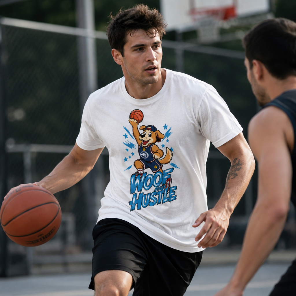 Woof and Hustle T-Shirt for Men | Funny Basketball Dog Graphic Tee | White Streetwear Shirt | Dog Lover Gift