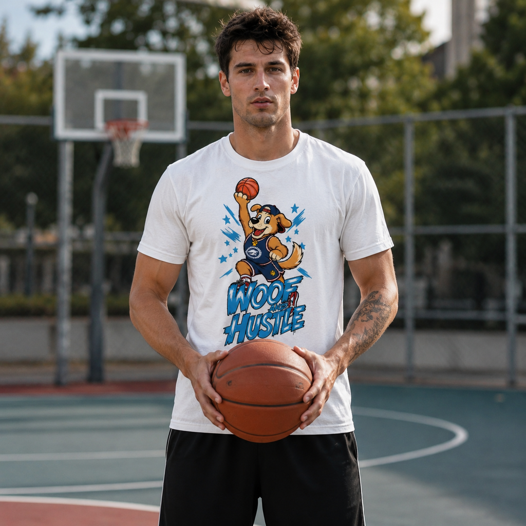 Woof and Hustle T-Shirt for Men | Funny Basketball Dog Graphic Tee | White Streetwear Shirt | Dog Lover Gift